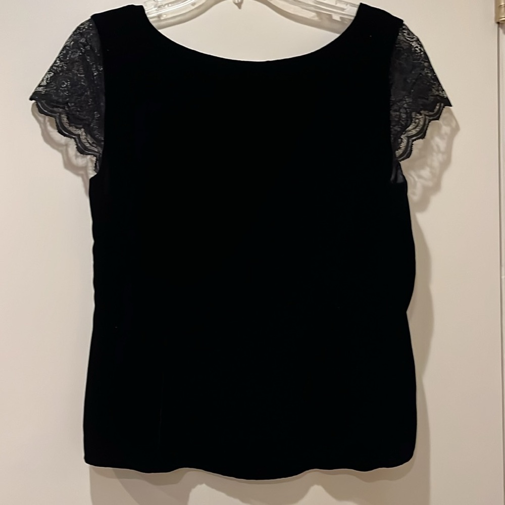 Ann Taylor Loft black velvet top with lace cap sleeves and bodice trim. - Picture 2 of 8